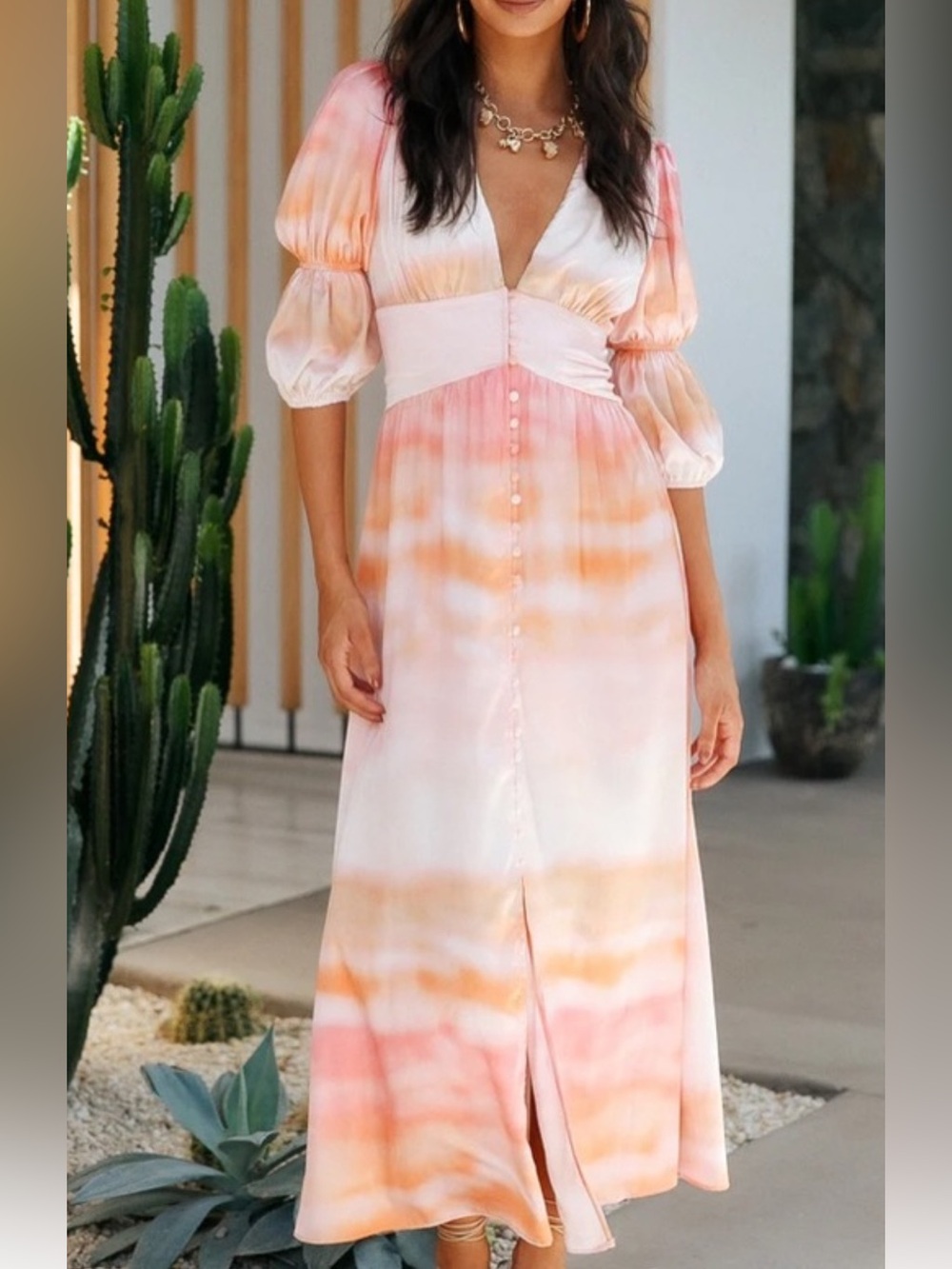 Petal & Pup Pink & Orange Ombre Puff-Sleeve Maxi Dress